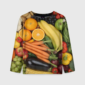 Детский лонгслив 3D с принтом Овощи и фрукты в Петрозаводске, 100% полиэстер | длинные рукава, круглый вырез горловины, полуприлегающий силуэт
 | апельсин | баклажан | банан | картофель | клубника | кукуруза | морковь | овощи | перец | фрукты | яблоки