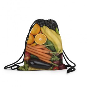Рюкзак-мешок 3D с принтом Овощи и фрукты в Петрозаводске, 100% полиэстер | плотность ткани — 200 г/м2, размер — 35 х 45 см; лямки — толстые шнурки, застежка на шнуровке, без карманов и подкладки | апельсин | баклажан | банан | картофель | клубника | кукуруза | морковь | овощи | перец | фрукты | яблоки