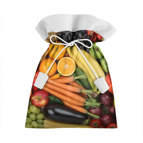 Подарочный 3D мешок с принтом Овощи и фрукты в Петрозаводске, 100% полиэстер | Размер: 29*39 см | Тематика изображения на принте: апельсин | баклажан | банан | картофель | клубника | кукуруза | морковь | овощи | перец | фрукты | яблоки