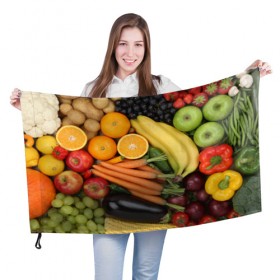 Флаг 3D с принтом Овощи и фрукты в Петрозаводске, 100% полиэстер | плотность ткани — 95 г/м2, размер — 67 х 109 см. Принт наносится с одной стороны | апельсин | баклажан | банан | картофель | клубника | кукуруза | морковь | овощи | перец | фрукты | яблоки