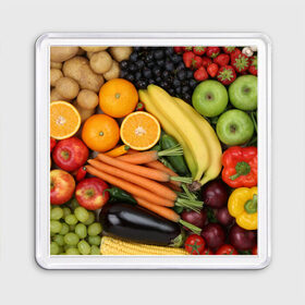 Магнит 55*55 с принтом Овощи и фрукты в Петрозаводске, Пластик | Размер: 65*65 мм; Размер печати: 55*55 мм | Тематика изображения на принте: апельсин | баклажан | банан | картофель | клубника | кукуруза | морковь | овощи | перец | фрукты | яблоки