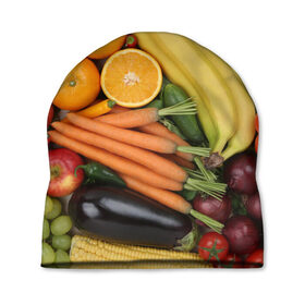 Шапка 3D с принтом Овощи и фрукты в Петрозаводске, 100% полиэстер | универсальный размер, печать по всей поверхности изделия | апельсин | баклажан | банан | картофель | клубника | кукуруза | морковь | овощи | перец | фрукты | яблоки