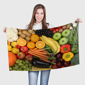 Флаг 3D с принтом Овощи и фрукты в Петрозаводске, 100% полиэстер | плотность ткани — 95 г/м2, размер — 67 х 109 см. Принт наносится с одной стороны | апельсин | баклажан | банан | картофель | клубника | кукуруза | морковь | овощи | перец | фрукты | яблоки