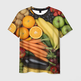 Мужская футболка 3D с принтом Овощи и фрукты в Петрозаводске, 100% полиэфир | прямой крой, круглый вырез горловины, длина до линии бедер | Тематика изображения на принте: апельсин | баклажан | банан | картофель | клубника | кукуруза | морковь | овощи | перец | фрукты | яблоки
