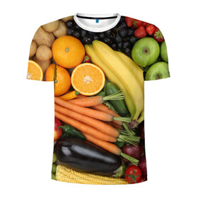 Мужская футболка 3D спортивная с принтом Овощи и фрукты в Петрозаводске, 100% полиэстер с улучшенными характеристиками | приталенный силуэт, круглая горловина, широкие плечи, сужается к линии бедра | апельсин | баклажан | банан | картофель | клубника | кукуруза | морковь | овощи | перец | фрукты | яблоки