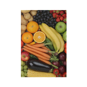 Обложка для паспорта матовая кожа с принтом Овощи и фрукты в Петрозаводске, натуральная матовая кожа | размер 19,3 х 13,7 см; прозрачные пластиковые крепления | апельсин | баклажан | банан | картофель | клубника | кукуруза | морковь | овощи | перец | фрукты | яблоки