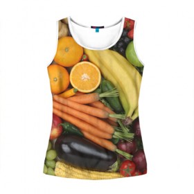 Женская майка 3D с принтом Овощи и фрукты в Петрозаводске, 100% полиэстер | круглая горловина, прямой силуэт, длина до линии бедра | апельсин | баклажан | банан | картофель | клубника | кукуруза | морковь | овощи | перец | фрукты | яблоки