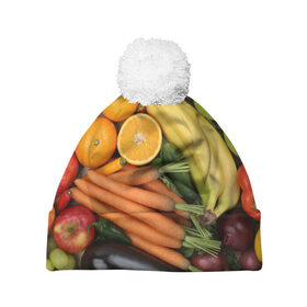 Шапка 3D c помпоном с принтом Овощи и фрукты в Петрозаводске, 100% полиэстер | универсальный размер, печать по всей поверхности изделия | апельсин | баклажан | банан | картофель | клубника | кукуруза | морковь | овощи | перец | фрукты | яблоки
