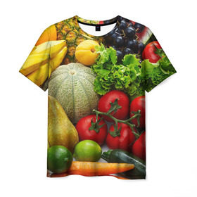 Мужская футболка 3D с принтом Богатый урожай в Петрозаводске, 100% полиэфир | прямой крой, круглый вырез горловины, длина до линии бедер | апельсин | баклажан | банан | богатый урожай | виноград | горох | еда | кабачок | капуста | картофель | лимон | морковь | овощи | огурец | перец | персик | помидор | слива | сочные плоды | томат | тыква