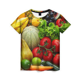 Женская футболка 3D с принтом Богатый урожай в Петрозаводске, 100% полиэфир ( синтетическое хлопкоподобное полотно) | прямой крой, круглый вырез горловины, длина до линии бедер | апельсин | баклажан | банан | богатый урожай | виноград | горох | еда | кабачок | капуста | картофель | лимон | морковь | овощи | огурец | перец | персик | помидор | слива | сочные плоды | томат | тыква