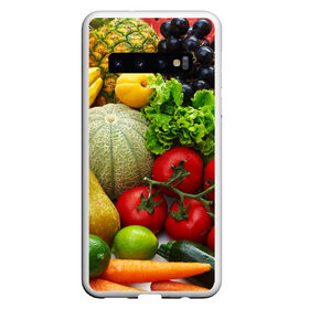 Чехол для Samsung Galaxy S10 с принтом Богатый урожай в Петрозаводске, Силикон | Область печати: задняя сторона чехла, без боковых панелей | Тематика изображения на принте: апельсин | баклажан | банан | богатый урожай | виноград | горох | еда | кабачок | капуста | картофель | лимон | морковь | овощи | огурец | перец | персик | помидор | слива | сочные плоды | томат | тыква