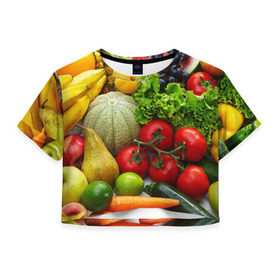 Женская футболка 3D укороченная с принтом Богатый урожай в Петрозаводске, 100% полиэстер | круглая горловина, длина футболки до линии талии, рукава с отворотами | апельсин | баклажан | банан | богатый урожай | виноград | горох | еда | кабачок | капуста | картофель | лимон | морковь | овощи | огурец | перец | персик | помидор | слива | сочные плоды | томат | тыква