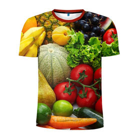 Мужская футболка 3D спортивная с принтом Богатый урожай в Петрозаводске, 100% полиэстер с улучшенными характеристиками | приталенный силуэт, круглая горловина, широкие плечи, сужается к линии бедра | апельсин | баклажан | банан | богатый урожай | виноград | горох | еда | кабачок | капуста | картофель | лимон | морковь | овощи | огурец | перец | персик | помидор | слива | сочные плоды | томат | тыква