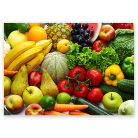 Поздравительная открытка с принтом Богатый урожай в Петрозаводске, 100% бумага | плотность бумаги 280 г/м2, матовая, на обратной стороне линовка и место для марки
 | апельсин | баклажан | банан | богатый урожай | виноград | горох | еда | кабачок | капуста | картофель | лимон | морковь | овощи | огурец | перец | персик | помидор | слива | сочные плоды | томат | тыква