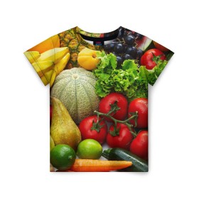Детская футболка 3D с принтом Богатый урожай в Петрозаводске, 100% гипоаллергенный полиэфир | прямой крой, круглый вырез горловины, длина до линии бедер, чуть спущенное плечо, ткань немного тянется | Тематика изображения на принте: апельсин | баклажан | банан | богатый урожай | виноград | горох | еда | кабачок | капуста | картофель | лимон | морковь | овощи | огурец | перец | персик | помидор | слива | сочные плоды | томат | тыква