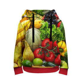 Детская толстовка 3D с принтом Богатый урожай в Петрозаводске, 100% полиэстер | двухслойный капюшон со шнурком для регулировки, мягкие манжеты на рукавах и по низу толстовки, спереди карман-кенгуру с мягким внутренним слоем | Тематика изображения на принте: апельсин | баклажан | банан | богатый урожай | виноград | горох | еда | кабачок | капуста | картофель | лимон | морковь | овощи | огурец | перец | персик | помидор | слива | сочные плоды | томат | тыква