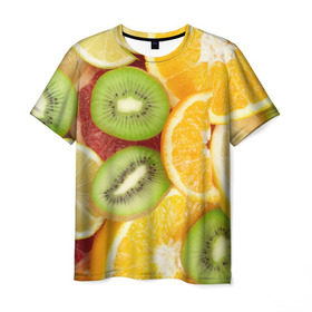 Мужская футболка 3D с принтом Сочные фрукты в Петрозаводске, 100% полиэфир | прямой крой, круглый вырез горловины, длина до линии бедер | апельсин | грейпфрут | десерт | дольки | киви | кусочки фруктов | лайм | лимон | разрез | сечение | фреш | фрукты | цитрусовые