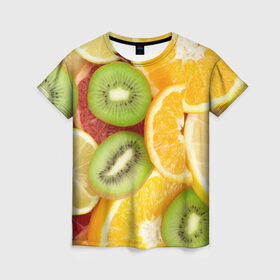 Женская футболка 3D с принтом Сочные фрукты в Петрозаводске, 100% полиэфир ( синтетическое хлопкоподобное полотно) | прямой крой, круглый вырез горловины, длина до линии бедер | Тематика изображения на принте: апельсин | грейпфрут | десерт | дольки | киви | кусочки фруктов | лайм | лимон | разрез | сечение | фреш | фрукты | цитрусовые