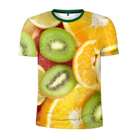 Мужская футболка 3D спортивная с принтом Сочные фрукты в Петрозаводске, 100% полиэстер с улучшенными характеристиками | приталенный силуэт, круглая горловина, широкие плечи, сужается к линии бедра | апельсин | грейпфрут | десерт | дольки | киви | кусочки фруктов | лайм | лимон | разрез | сечение | фреш | фрукты | цитрусовые