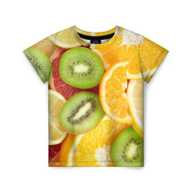 Детская футболка 3D с принтом Сочные фрукты в Петрозаводске, 100% гипоаллергенный полиэфир | прямой крой, круглый вырез горловины, длина до линии бедер, чуть спущенное плечо, ткань немного тянется | Тематика изображения на принте: апельсин | грейпфрут | десерт | дольки | киви | кусочки фруктов | лайм | лимон | разрез | сечение | фреш | фрукты | цитрусовые