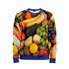 Детский свитшот 3D с принтом Спелые фрукты в Петрозаводске, 100% полиэстер | свободная посадка, прямой крой, мягкая тканевая резинка на рукавах и понизу свитшота | Тематика изображения на принте: ананас | арбуз | банан | богатый урожай | виноград | горох | груша | еда | капуста | картофель | лук | морковь | овощи | огурец | перец | персик | слива | сочные плоды | томат | фасоль | фрукты | яблоко
