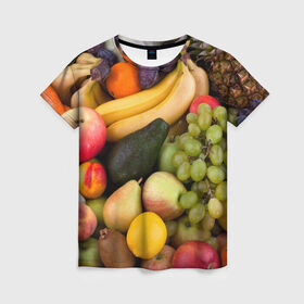 Женская футболка 3D с принтом Спелые фрукты в Петрозаводске, 100% полиэфир ( синтетическое хлопкоподобное полотно) | прямой крой, круглый вырез горловины, длина до линии бедер | ананас | арбуз | банан | богатый урожай | виноград | горох | груша | еда | капуста | картофель | лук | морковь | овощи | огурец | перец | персик | слива | сочные плоды | томат | фасоль | фрукты | яблоко