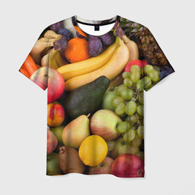 Мужская футболка 3D с принтом Спелые фрукты в Петрозаводске, 100% полиэфир | прямой крой, круглый вырез горловины, длина до линии бедер | Тематика изображения на принте: ананас | арбуз | банан | богатый урожай | виноград | горох | груша | еда | капуста | картофель | лук | морковь | овощи | огурец | перец | персик | слива | сочные плоды | томат | фасоль | фрукты | яблоко