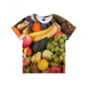 Детская футболка 3D с принтом Спелые фрукты в Петрозаводске, 100% гипоаллергенный полиэфир | прямой крой, круглый вырез горловины, длина до линии бедер, чуть спущенное плечо, ткань немного тянется | Тематика изображения на принте: ананас | арбуз | банан | богатый урожай | виноград | горох | груша | еда | капуста | картофель | лук | морковь | овощи | огурец | перец | персик | слива | сочные плоды | томат | фасоль | фрукты | яблоко
