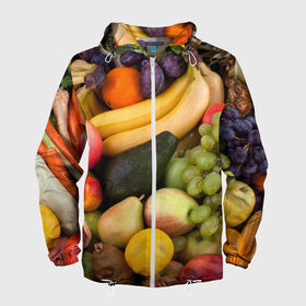 Мужская ветровка 3D с принтом Спелые фрукты в Петрозаводске, 100% полиэстер | подол и капюшон оформлены резинкой с фиксаторами, два кармана без застежек по бокам, один потайной карман на груди | ананас | арбуз | банан | богатый урожай | виноград | горох | груша | еда | капуста | картофель | лук | морковь | овощи | огурец | перец | персик | слива | сочные плоды | томат | фасоль | фрукты | яблоко