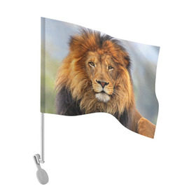 Флаг для автомобиля с принтом Красавец лев в Петрозаводске, 100% полиэстер | Размер: 30*21 см | Тематика изображения на принте: lion | грива | дикая кошка | добыча | животное | зверь | клыки | когти | король джунглей | лев | мясо | хищник | царь зверей