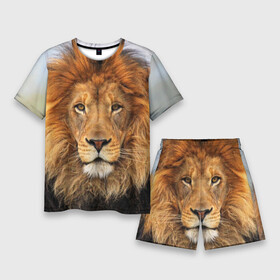 Мужской костюм с шортами 3D с принтом Красавец лев в Петрозаводске,  |  | Тематика изображения на принте: lion | грива | дикая кошка | добыча | животное | зверь | клыки | когти | король джунглей | лев | мясо | хищник | царь зверей