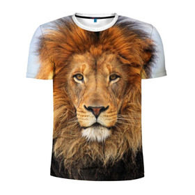 Мужская футболка 3D спортивная с принтом Красавец лев в Петрозаводске, 100% полиэстер с улучшенными характеристиками | приталенный силуэт, круглая горловина, широкие плечи, сужается к линии бедра | Тематика изображения на принте: lion | грива | дикая кошка | добыча | животное | зверь | клыки | когти | король джунглей | лев | мясо | хищник | царь зверей