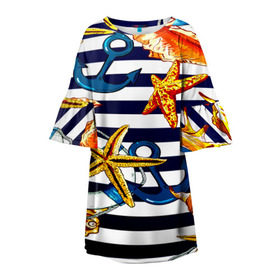 Детское платье 3D с принтом Моряк в Петрозаводске, 100% полиэстер | прямой силуэт, чуть расширенный к низу. Круглая горловина, на рукавах — воланы | звезда | полосы | ракушки | якорь
