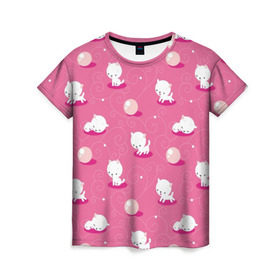 Женская футболка 3D с принтом Котики в Петрозаводске, 100% полиэфир ( синтетическое хлопкоподобное полотно) | прямой крой, круглый вырез горловины, длина до линии бедер | дети | детское | животные | кот | коты | кошка | милый | паттерн | розовый