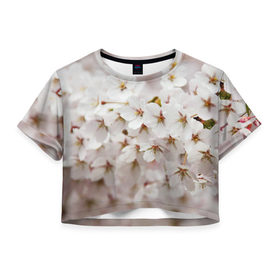 Женская футболка 3D укороченная с принтом Весеннее цветение в Петрозаводске, 100% полиэстер | круглая горловина, длина футболки до линии талии, рукава с отворотами | белый | весна | лепестки | прикольные картинки | цветочки | цветы