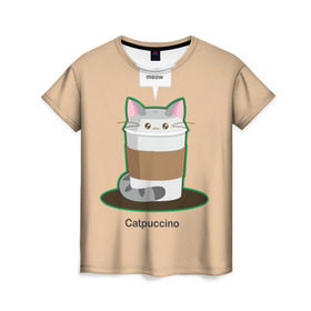 Женская футболка 3D с принтом Catpuccino в Петрозаводске, 100% полиэфир ( синтетическое хлопкоподобное полотно) | прямой крой, круглый вырез горловины, длина до линии бедер | capuccino | cat | catpuccino | meow | капуччино | кот | котпуччино | кофе | мяу | стакан