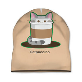 Шапка 3D с принтом Catpuccino в Петрозаводске, 100% полиэстер | универсальный размер, печать по всей поверхности изделия | Тематика изображения на принте: capuccino | cat | catpuccino | meow | капуччино | кот | котпуччино | кофе | мяу | стакан