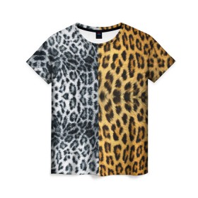 Женская футболка 3D с принтом Леопард/Снежный Барс в Петрозаводске, 100% полиэфир ( синтетическое хлопкоподобное полотно) | прямой крой, круглый вырез горловины, длина до линии бедер | textures | барс | животное | леопард | пятна | снежный | текстура | чёрное с белым