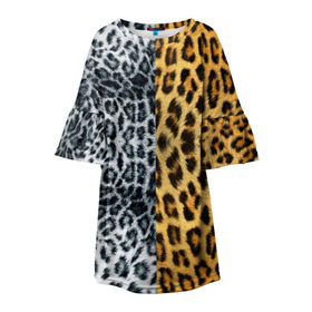 Детское платье 3D с принтом Леопард/Снежный Барс в Петрозаводске, 100% полиэстер | прямой силуэт, чуть расширенный к низу. Круглая горловина, на рукавах — воланы | Тематика изображения на принте: textures | барс | животное | леопард | пятна | снежный | текстура | чёрное с белым