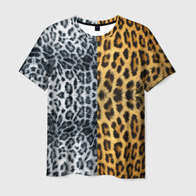 Мужская футболка 3D с принтом Леопард/Снежный Барс в Петрозаводске, 100% полиэфир | прямой крой, круглый вырез горловины, длина до линии бедер | textures | барс | животное | леопард | пятна | снежный | текстура | чёрное с белым