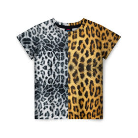 Детская футболка 3D с принтом Леопард/Снежный Барс в Петрозаводске, 100% гипоаллергенный полиэфир | прямой крой, круглый вырез горловины, длина до линии бедер, чуть спущенное плечо, ткань немного тянется | textures | барс | животное | леопард | пятна | снежный | текстура | чёрное с белым