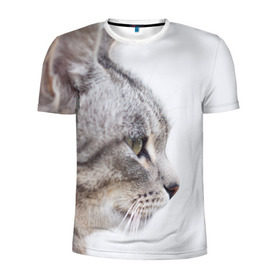 Мужская футболка 3D спортивная с принтом Серый кот в Петрозаводске, 100% полиэстер с улучшенными характеристиками | приталенный силуэт, круглая горловина, широкие плечи, сужается к линии бедра | взгляд | глаза | голова животного | киска | кот | котёнок | кошка | прикольные картинки