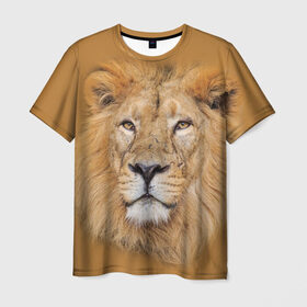 Мужская футболка 3D с принтом Лев в Петрозаводске, 100% полиэфир | прямой крой, круглый вырез горловины, длина до линии бедер | взгляд | животные | лев | природа | хищники