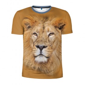 Мужская футболка 3D спортивная с принтом Лев в Петрозаводске, 100% полиэстер с улучшенными характеристиками | приталенный силуэт, круглая горловина, широкие плечи, сужается к линии бедра | Тематика изображения на принте: взгляд | животные | лев | природа | хищники