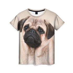 Женская футболка 3D с принтом Мопс в Петрозаводске, 100% полиэфир ( синтетическое хлопкоподобное полотно) | прямой крой, круглый вырез горловины, длина до линии бедер | мопс | мопсы | песик | песики | собака | собаки