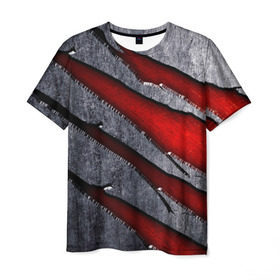 Мужская футболка 3D с принтом Следы когтей на металле в Петрозаводске, 100% полиэфир | прямой крой, круглый вырез горловины, длина до линии бедер | когти | красный | металл | серебристый | следы | текстура