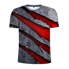 Мужская футболка 3D спортивная с принтом Следы когтей на металле в Петрозаводске, 100% полиэстер с улучшенными характеристиками | приталенный силуэт, круглая горловина, широкие плечи, сужается к линии бедра | когти | красный | металл | серебристый | следы | текстура