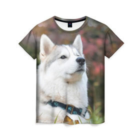 Женская футболка 3D с принтом Хаски в Петрозаводске, 100% полиэфир ( синтетическое хлопкоподобное полотно) | прямой крой, круглый вырез горловины, длина до линии бедер | лайка | маламут | песик | песики | собака | собаки | хаски