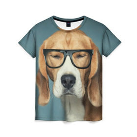 Женская футболка 3D с принтом Бигль в Петрозаводске, 100% полиэфир ( синтетическое хлопкоподобное полотно) | прямой крой, круглый вырез горловины, длина до линии бедер | бигль | гончая | дворняжка | охотничья | песик | песики | собака | собаки