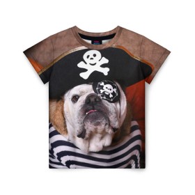 Детская футболка 3D с принтом Бульдог - пират в Петрозаводске, 100% гипоаллергенный полиэфир | прямой крой, круглый вырез горловины, длина до линии бедер, чуть спущенное плечо, ткань немного тянется | бульдог | бульдоги | песик | песики | пират | пираты | прикольные | собака | собаки